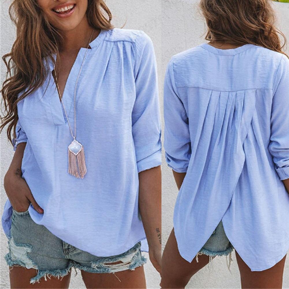 Women Fashion Solid Color Long Sleeve Pleated Back Slitting Hem Shirt Blouse Women's Shirt Women's Blouse Fashion Women Blouses