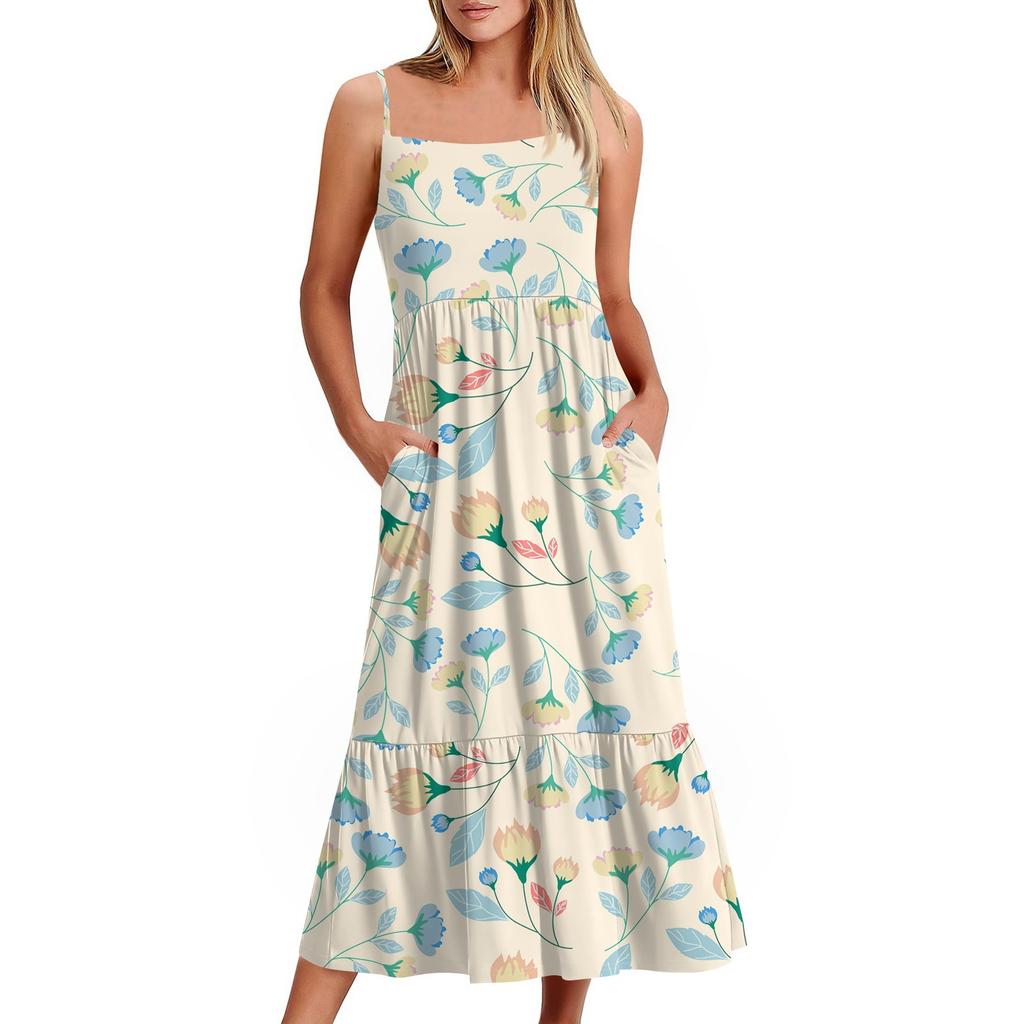 Kvinners Lang Strand Casual Elegant Spaghettistropp Maxi Kjole Blomstret Diskret Flytende Bohemsk Kjole