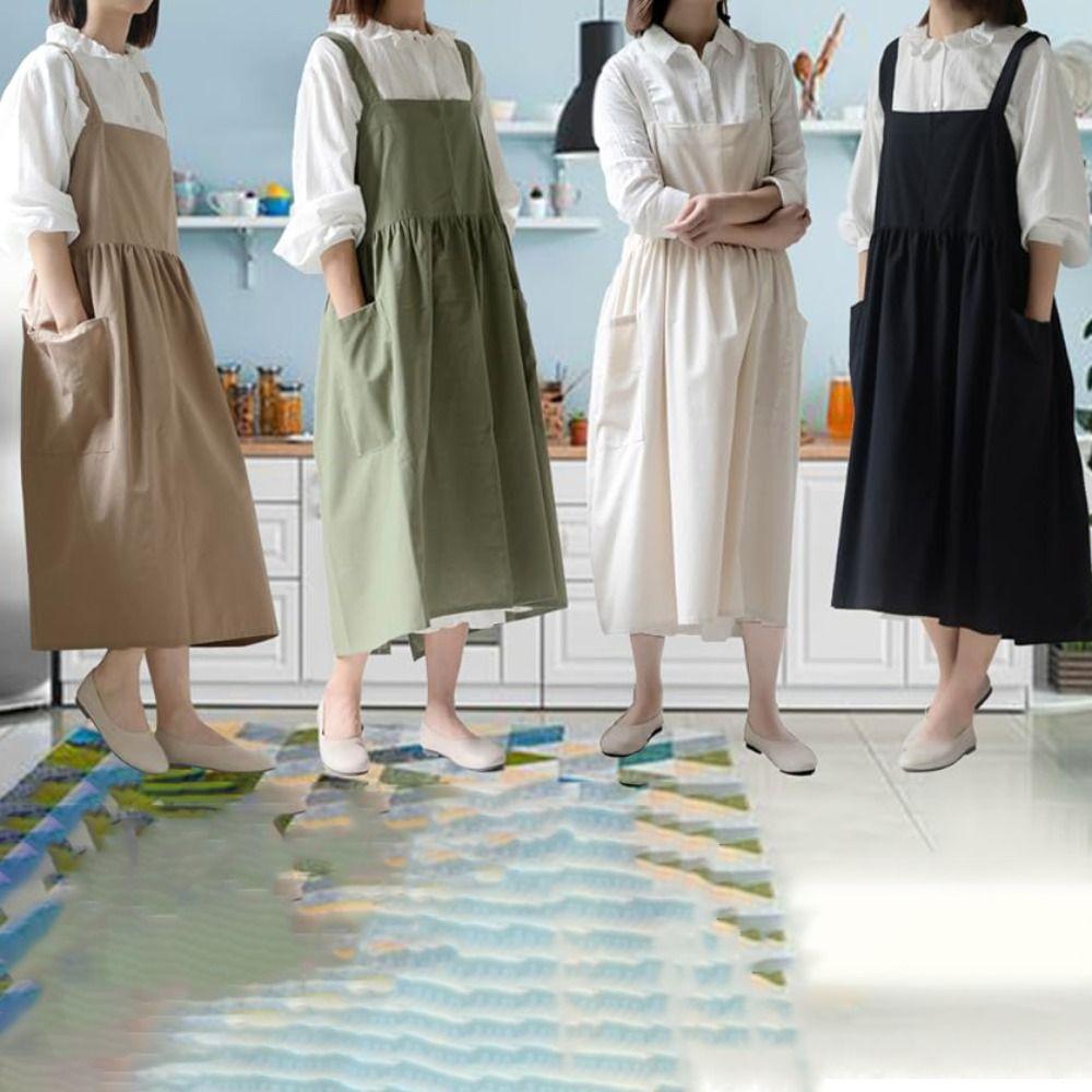 Cotton Kitchen Apron Adjustable Straps Gardening Work Uniform Korean Style Apron  Baking