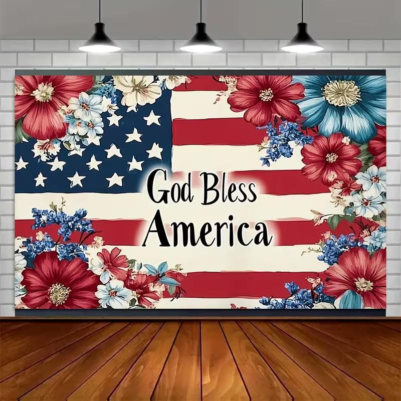 2D Red White Blue Floral Flag Backdrop God Bless America Patriotic Party Background