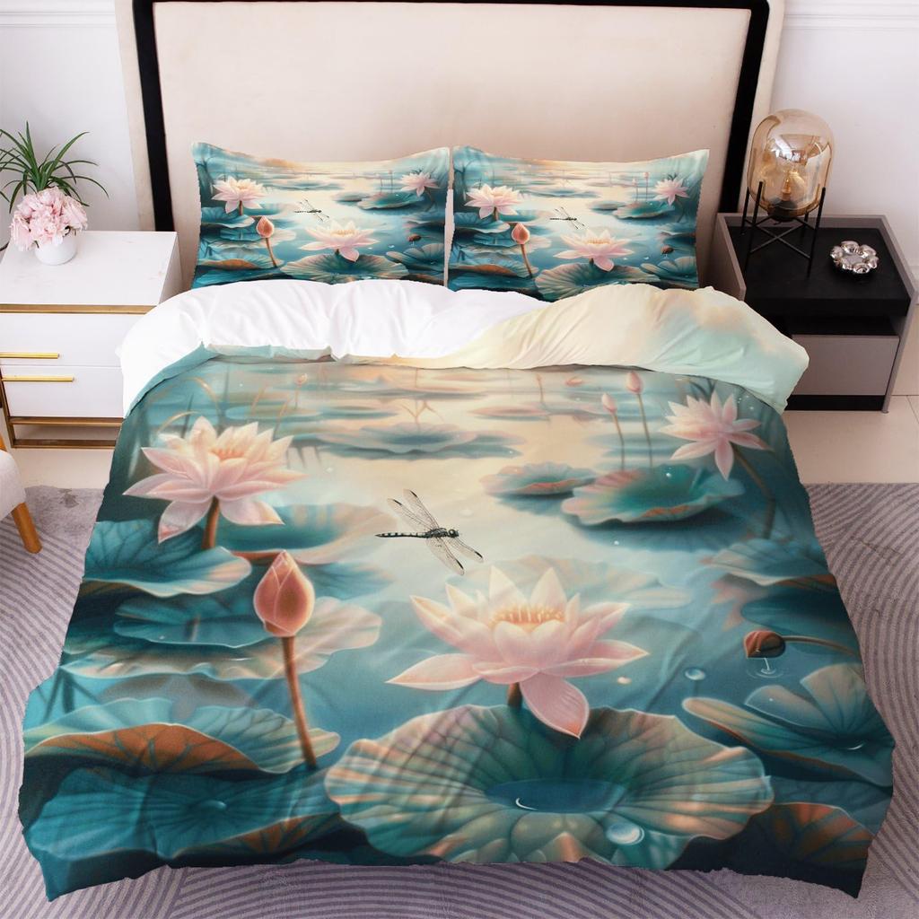Dragonfly and Lotus Duvet Covers for Kids Teens Lightweight Quilt Covers Blossom Flowers Pond Natural Scenery Animal Bedding Set