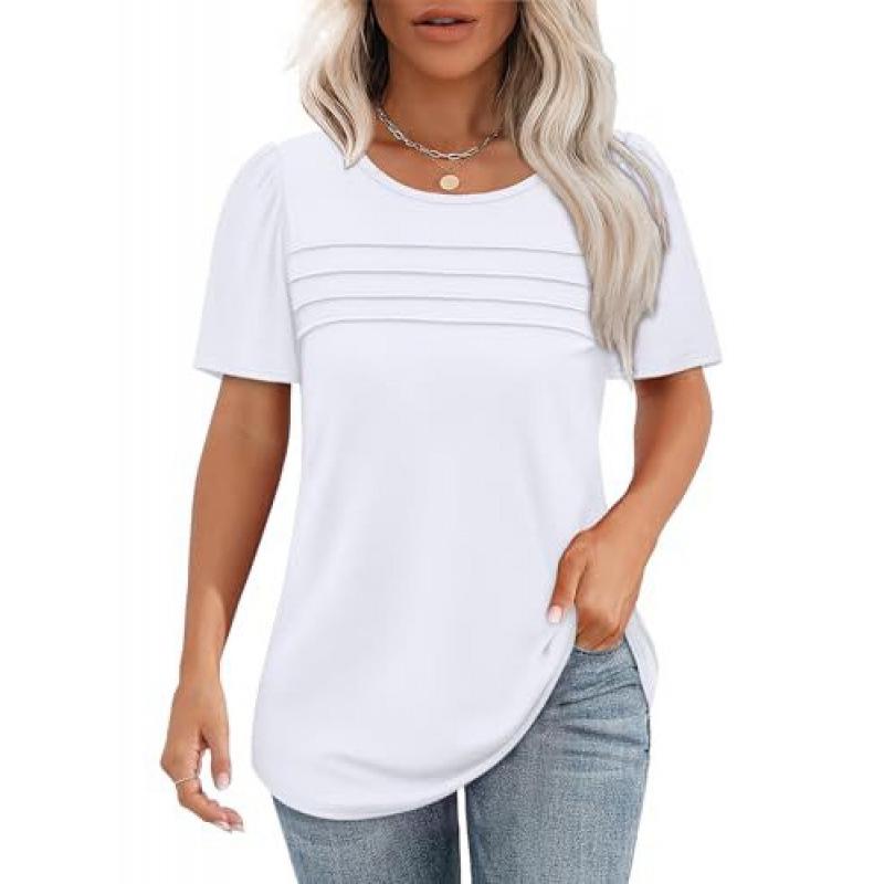 Women's Casual Pleated Loose T-shirt, Round Neck, Short Sleeve, Summer 2026 Collection