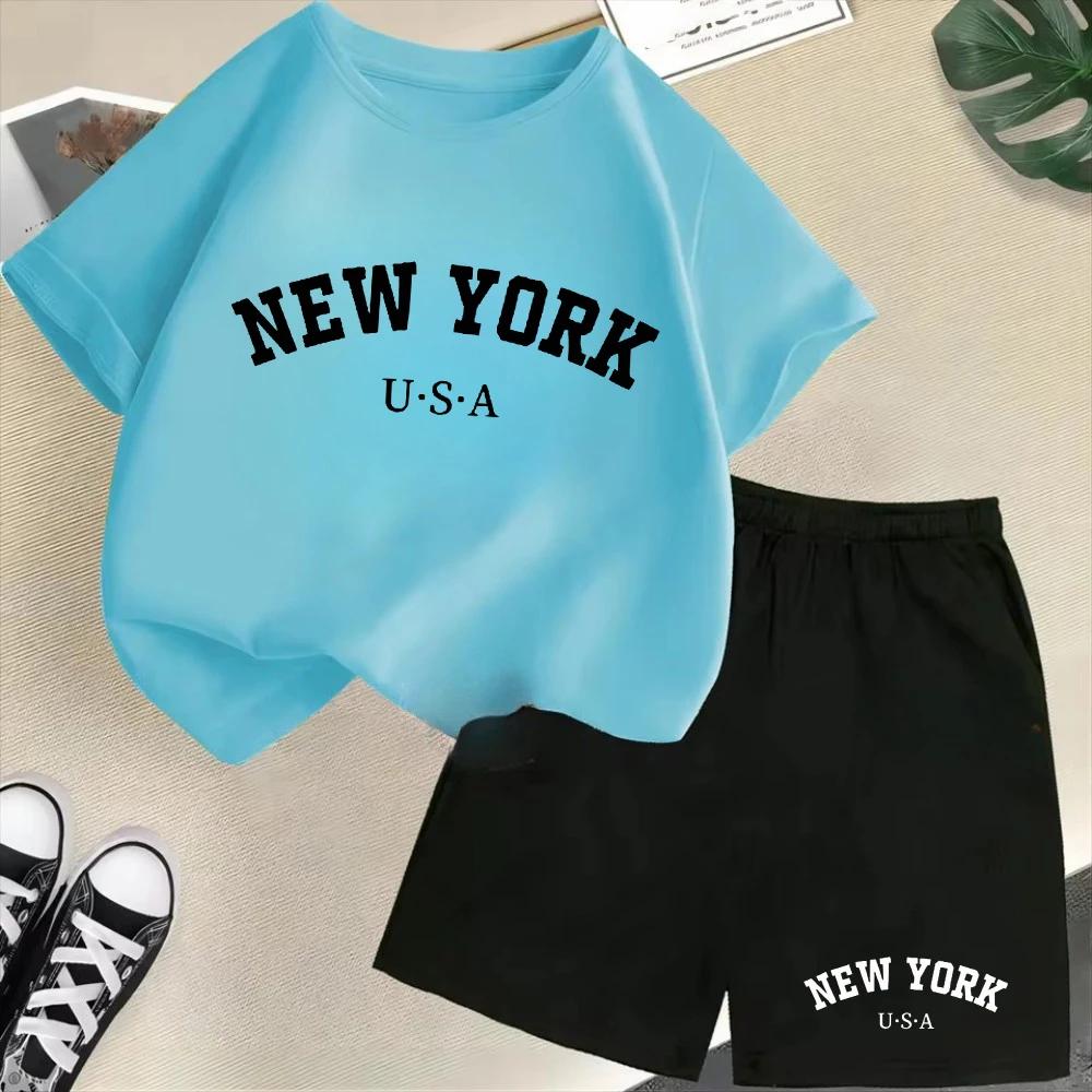 Summer Fashion Pattern Boys and Girls T-Shirt and Shorts Two-Piece Set