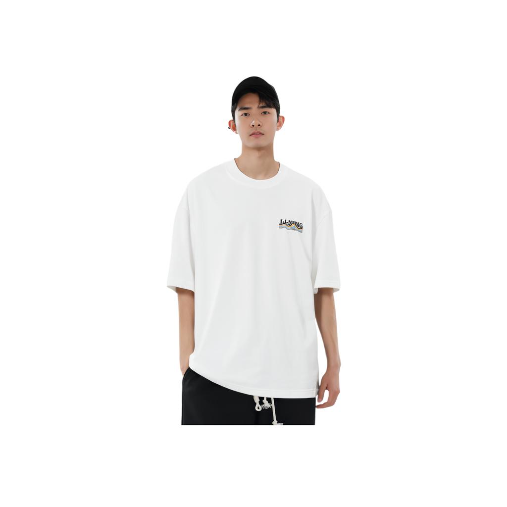 Li-Ning Round Neck Comfortable Casual Loose Short Sleeve Drop Shoulder T-Shirt Men Tops Milk-White AHSU301-1