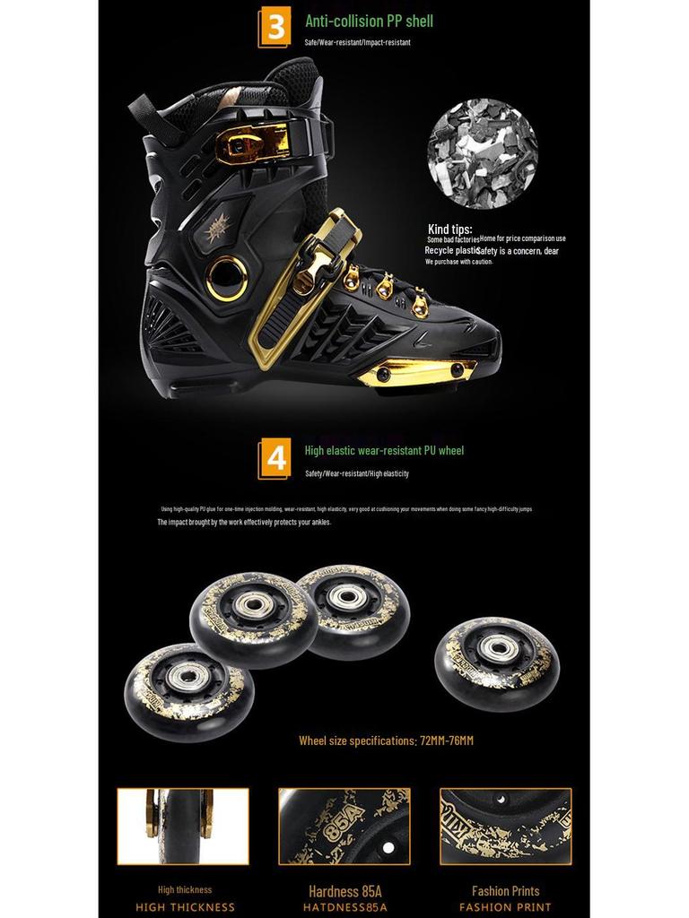 Erwachsene Schwarz-Gold Inline-Rollschuhe für Männer & Frauen – Anfänger Einreihig mit Blumenmuster