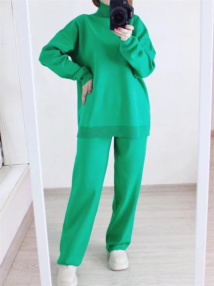 High-Quality Solid Color Knit Set: Women's High Neck & Wide Leg Pants Two-Piece for Autumn/Winter 2025