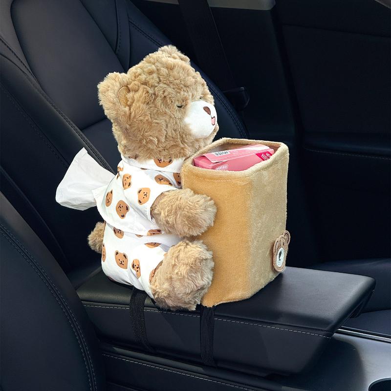 2 in 1 Cute Bear Car Tissue Box & Waste Bin Multifunctional Armrest Storage for Small Auto Accessories