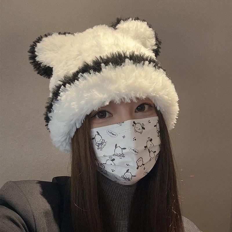 Hat female winter cute bear ears wool hat autumn and winter knitted hat big head circumference showing face small ear protection versatile