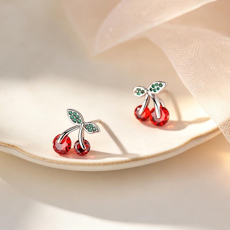 Cherry Zircon Inlaid Ear Studs: Women's Sweet, Versatile, High-End Niche Luxury Earrings