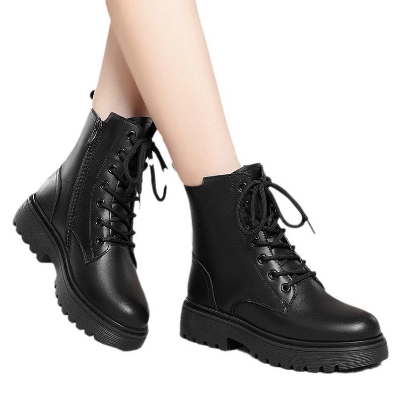 Botas Martin de Cuero Genuino para Mujer - Otoño/Invierno 2024, Tacón Bajo, Acolchado de Terciopelo, Suela Plana, Forrado de Algodón