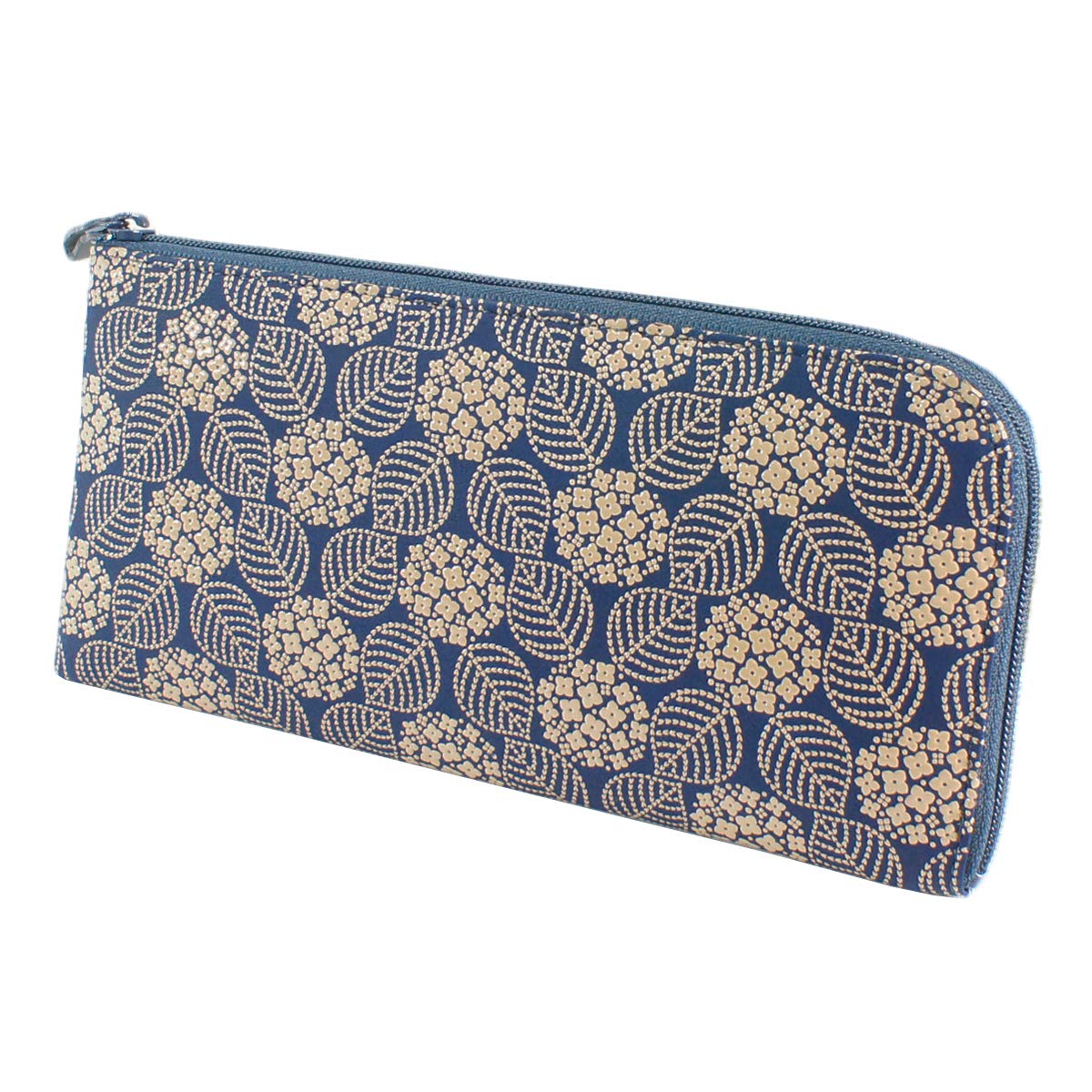 

Inden long bundle navy blue x white hydrangea pattern [Indenya] wallet, A, L-shaped zipper, deerskin, lacquer, 2315-14-174