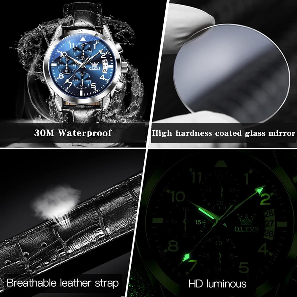 OLEVS Men's Simple Stylish Waterproof Analog Watch Black Leather Strap Arabic Numerals Date Chronograph Quartz Blue Dial