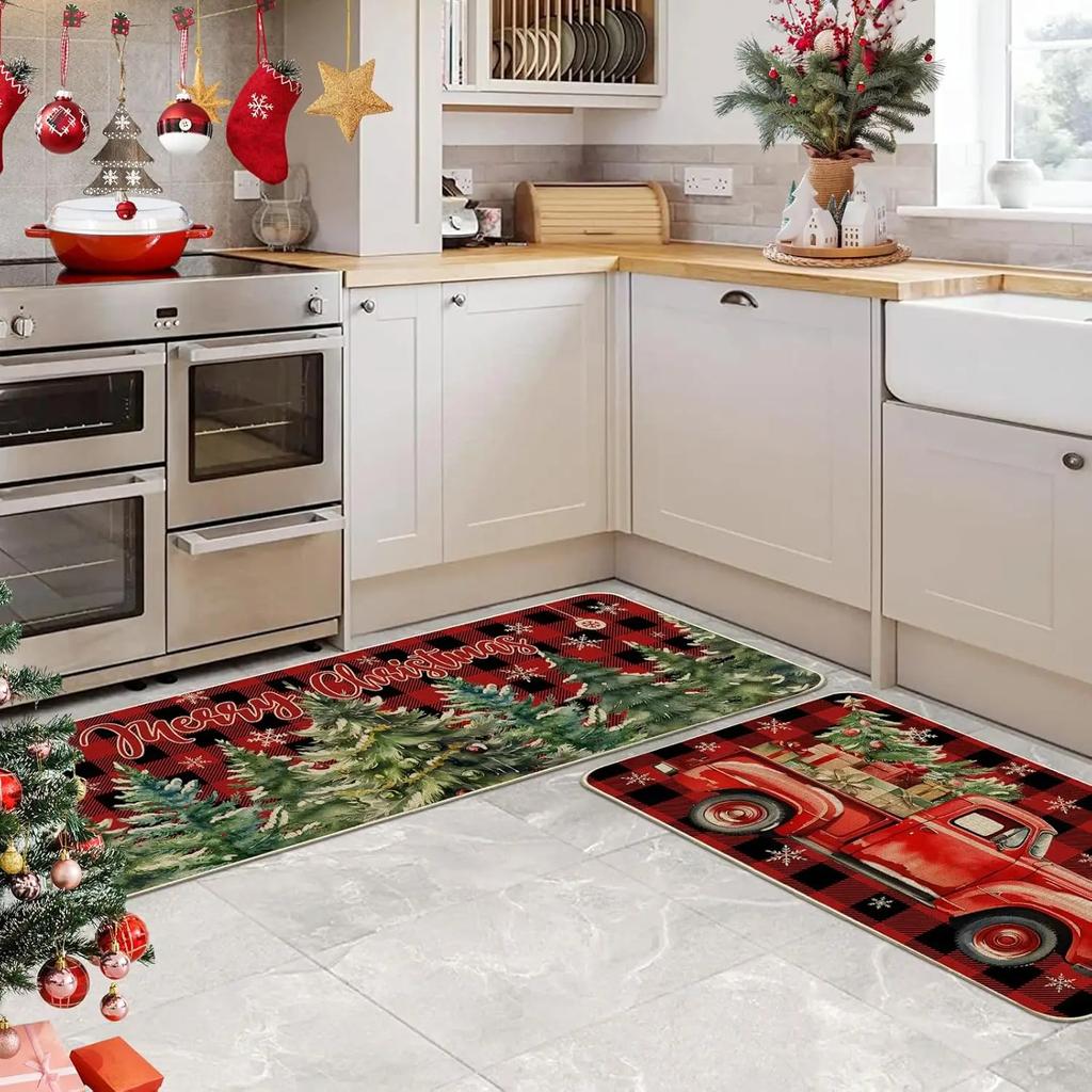 2pcs  Winter Christmas Red Truck Rug Home Decoration, Kitchen And Laundry Room Floor Mat Set, Durable And Water-Absorbent