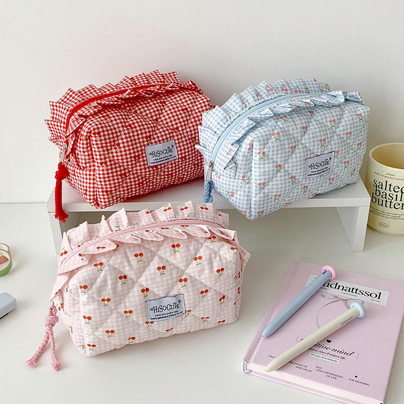 Ins Fresh Red Cherry Quilted Cosmetic Bag Fashion Small Large Toiletry Makeup Storage Bag Cute Lipstick Sanitary Napkin Case
