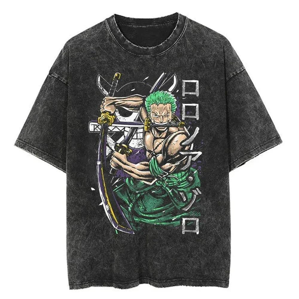 One Piece Tee Men Casual Oversized Washed Harajuku Tshirt Japanese Anime