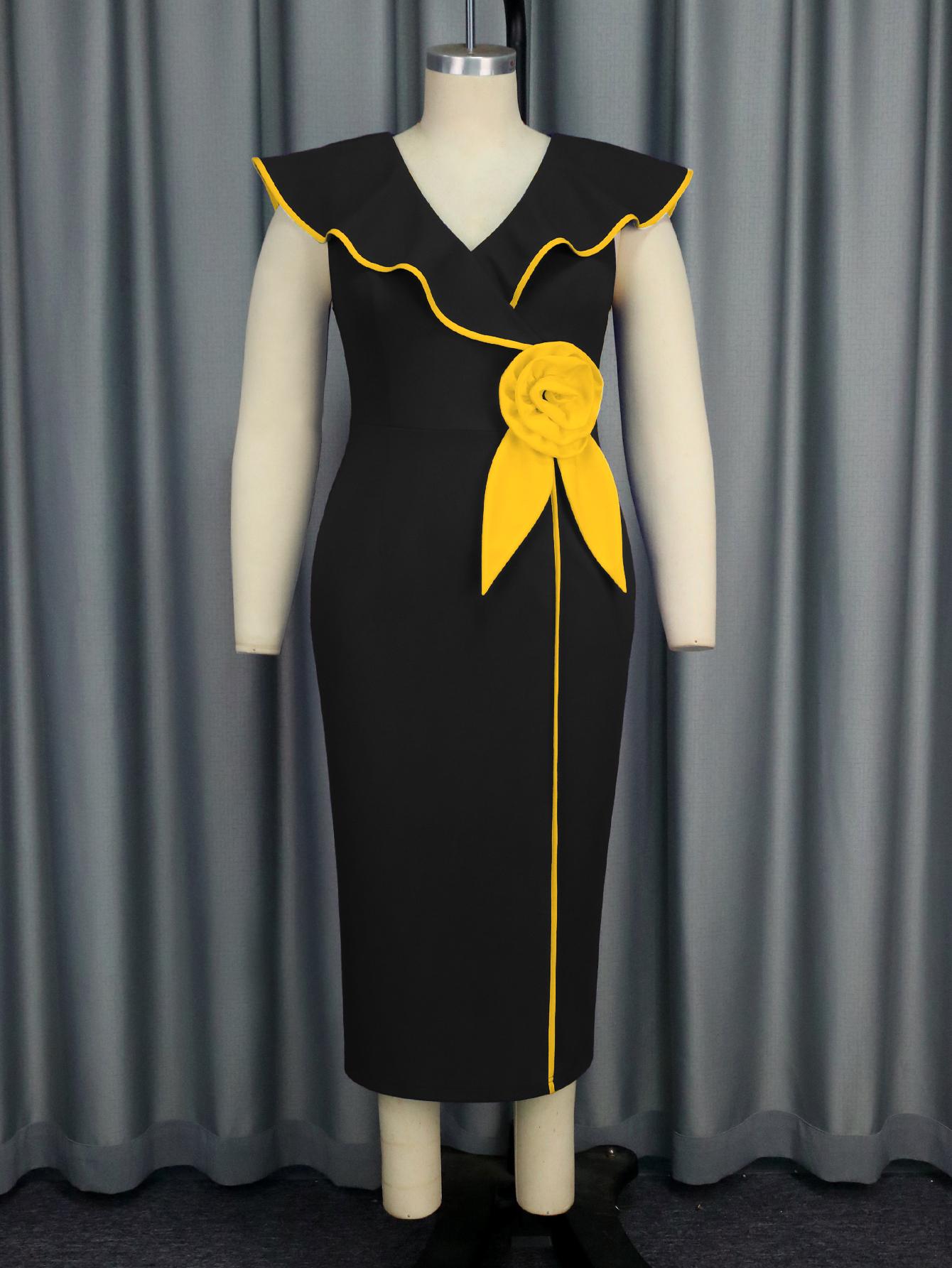 

AOMEI Elegant Women Long Dresses V Neck 3D Flower Bodycon Sleeveless Midi Outfits 4XL