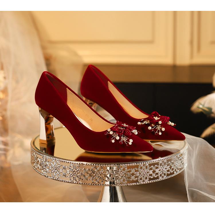 Red Xiuhe Chunky Heel Pointed Toe Wedding Shoes for Brides, 2025 New Style, Plus Sizes 32-43