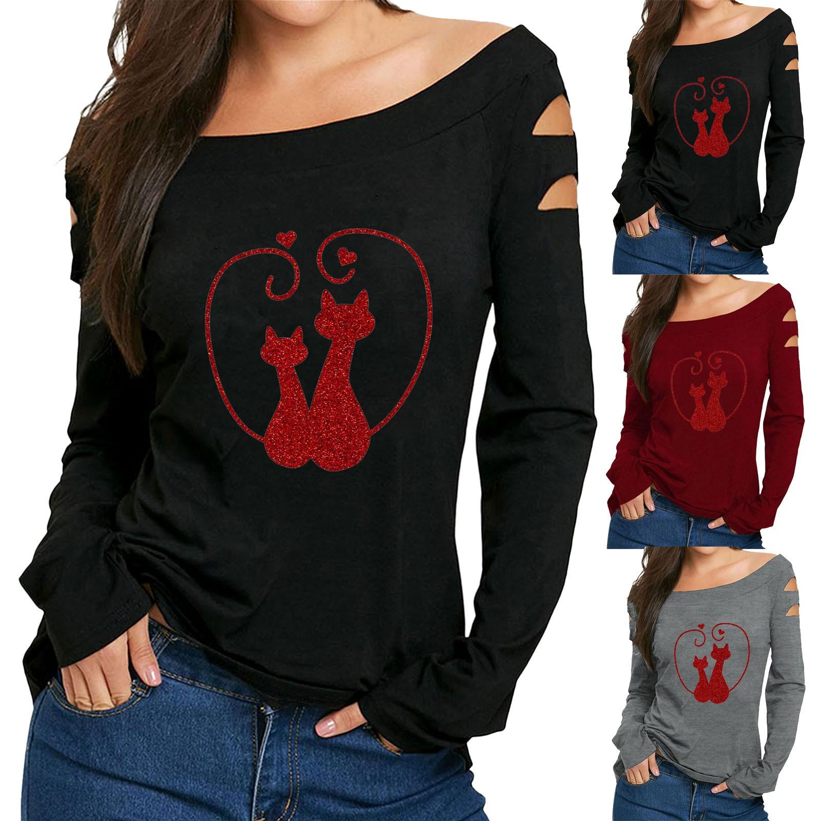 

женщины случайный кот Любовь Печать Холодное плечо Рубашка Длинные рукава Топы Блузка