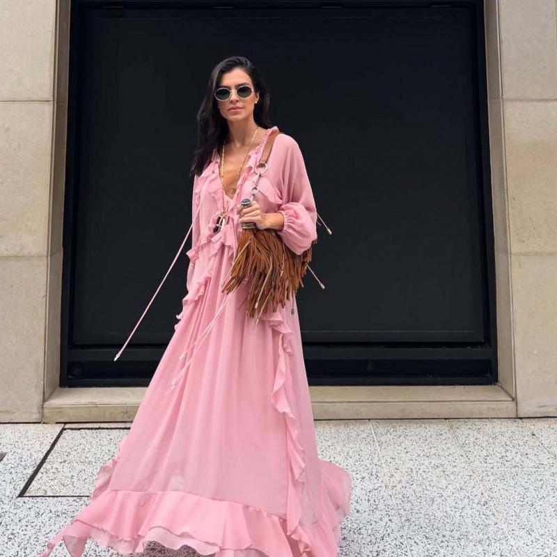 Layered V-Neck Long Dress for Women - European and American Style