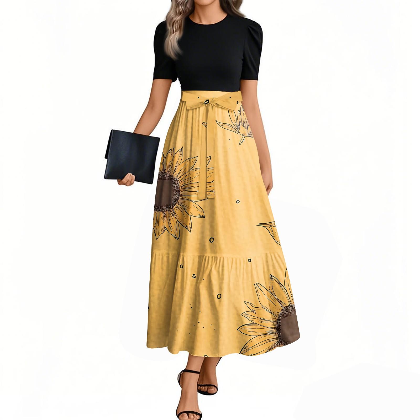 

Женское модное повседневное платье с коротким рукавом и круглым вырезом с цветочной вышивкой, элегантное, темпераментное M шафрановый