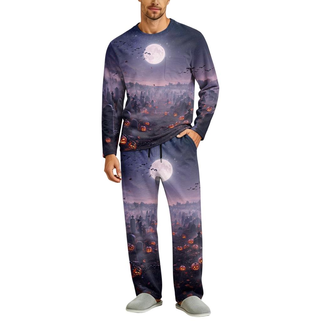 Men's Halloween Pajama Set Long Sleeve Long Pants with Crotch Buttons and Elastic Drawstring Waist