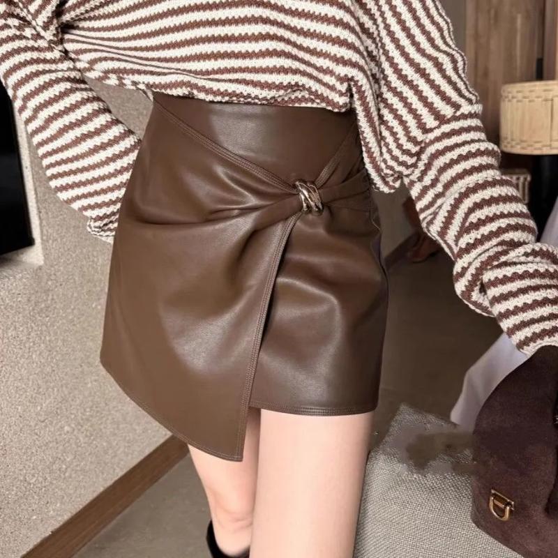 Autumn and Winter New Design Irregular Kink Pu Leather Niche Versatile Fashion Skirt