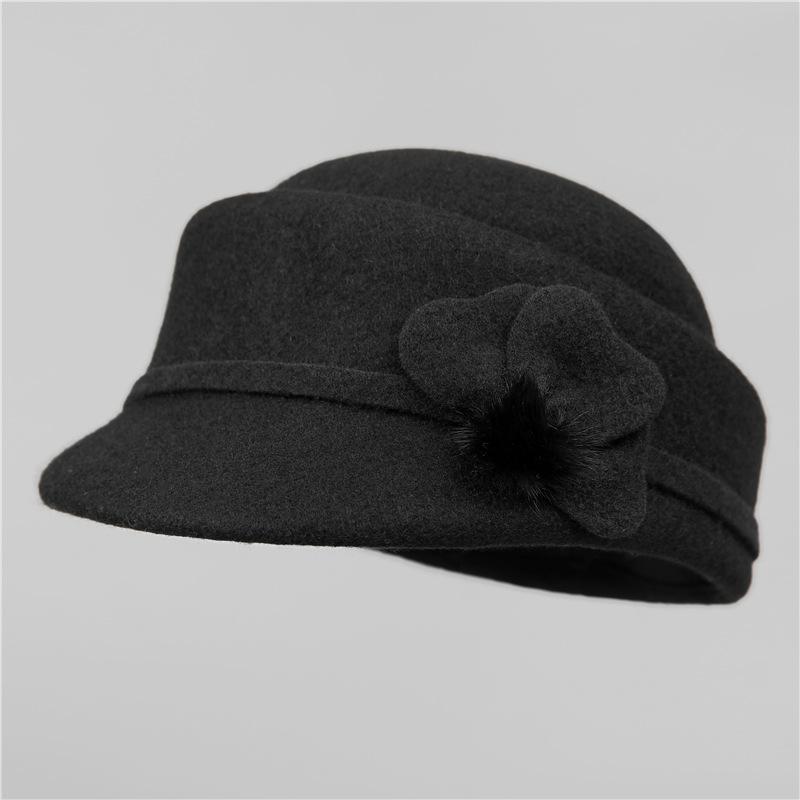 Retro Herbst- und Winter-Damenwolle, elegante dreiblättrige Blume warme kurzkrempige Schirmmütze, kleiner Reiterhut
