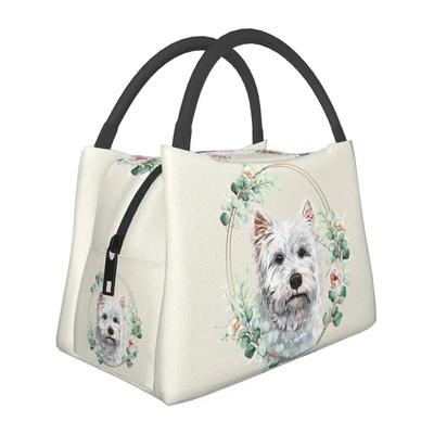 West Highland White Terrier Hund In Floralem Goldenem Kranz Isolierte Lunchtaschen für Westie Haustierliebhaber Tragbare Kühlbox Thermische Bento
