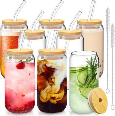 550ML Glasbecher mit Holzdeckel und Strohhalm Saftgetränk Bierkrug Kaffee Milch Transparentes Wasserglas Geeignet für Partys Trinkgeschirr