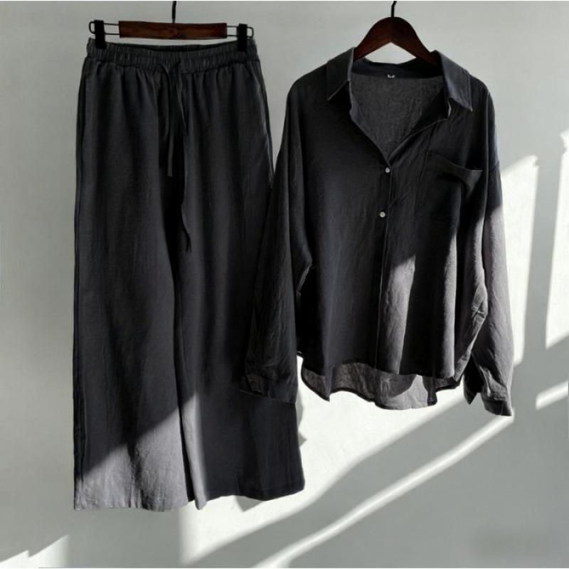 Spring Fashion Plus Size Women's Two-Piece Set: Cotton Linen Shirt & High-Waisted Loose Trousers