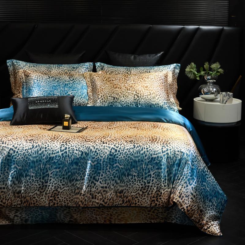Luxury High-end Silk Leopard Print Bedding Set Soft Silk Satin Queen King Duvet Cover Sheet or Fitted Sheet Combination Set Gift