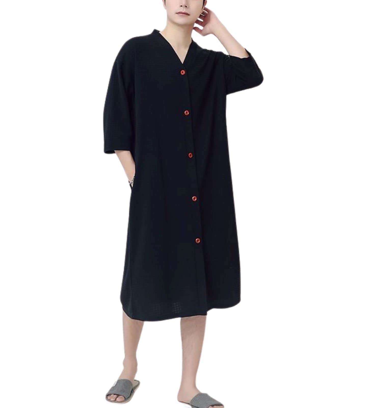 

AKUNSY Вафельный халат-пижама для сна, гостиничный, длинный, с абсорбирующим мужским платьем, рукав 3/4, на пуговицах, ткань, весна, лето, осень, пижама, домашняя одежда, чёрный