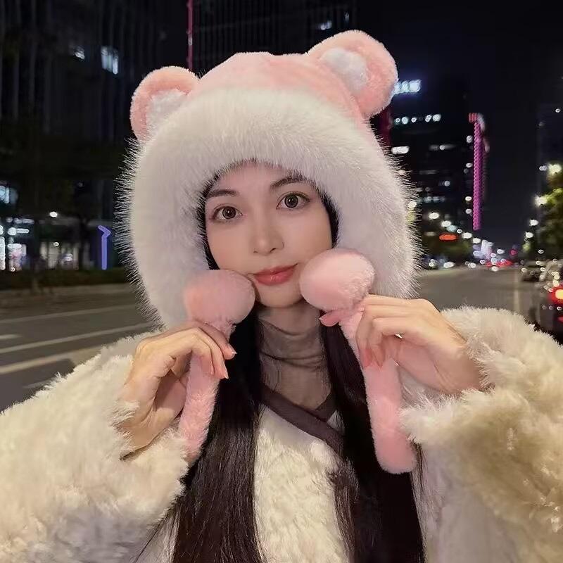 Hiver oreilles d'ours nouveau chapeau en peluche à lacets adulte polyvalent grand tour de tête pompon chaud féminin doux