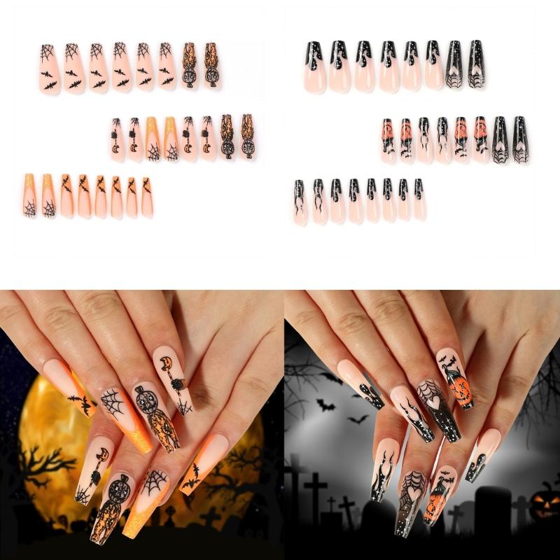 1 Sheet Coffin Press on Nails French Fake Nails Tips Full Cover Acrylic Nails Glossy Horrible Halloween False Nails