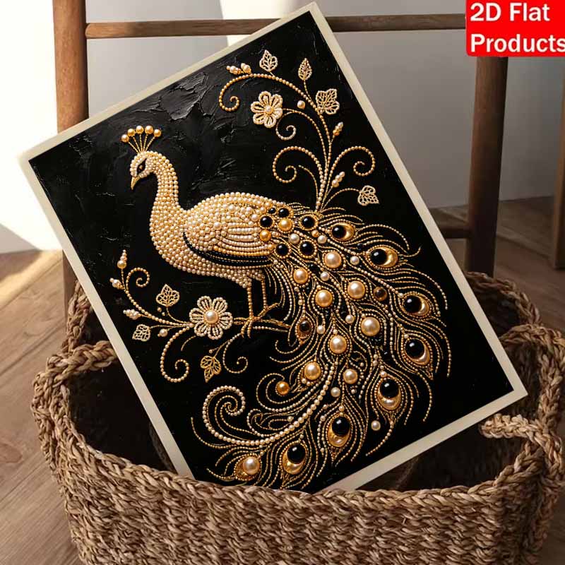 Peacock Pearl Painting Kit Features 5D Pearls and a Luxury Mosaic Art Style. Designed for Elegant Home Wall Decoration.