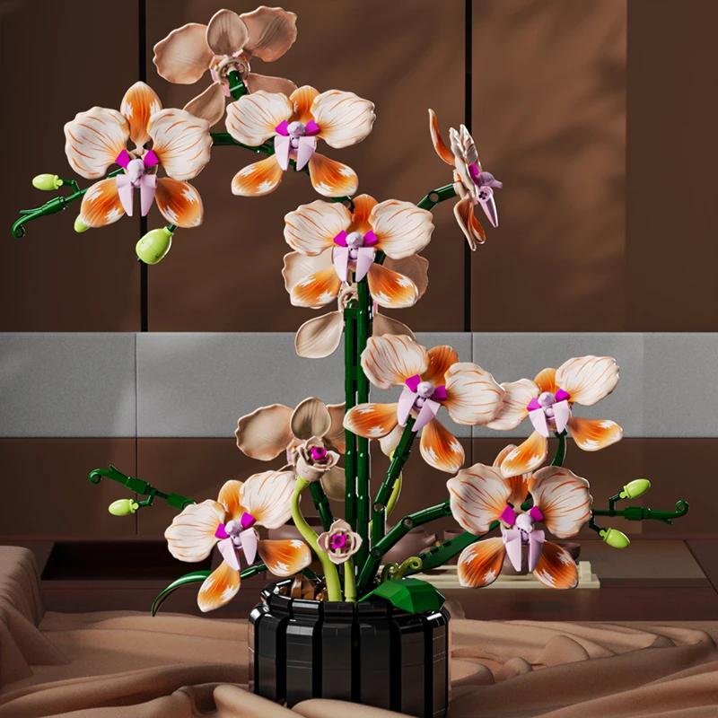 Cadeau Romantique de Saint-Valentin 866 pièces Bouquet d'Orchidées Blocs de Construction Modèle Technique Créatif Style MOC Briques d'Assemblage Décoration de la Maison Sans Boîte
