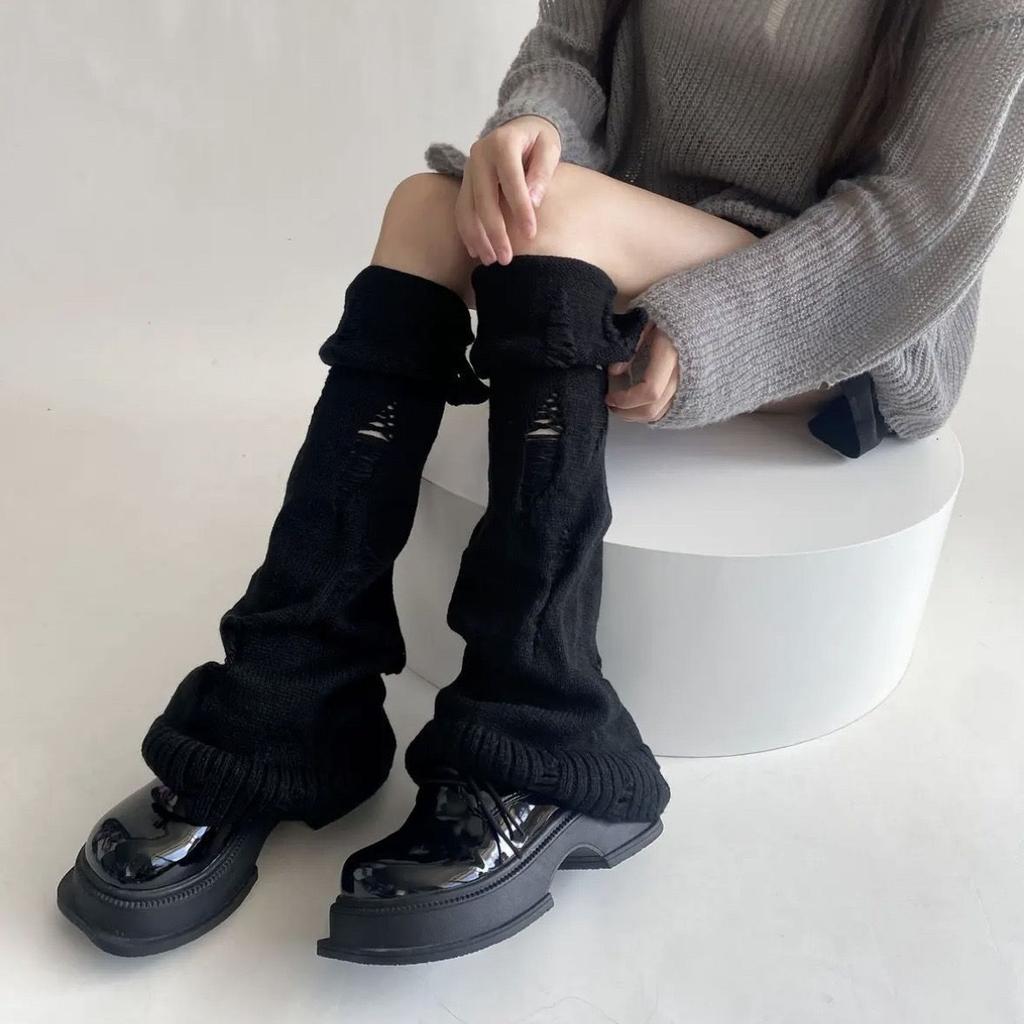 Autumn Winter Japanese Y2K Spice Girl Subculture Hole Open Cuffed Ripped Mid-calf Cute Versatile Leg Socks Covers
