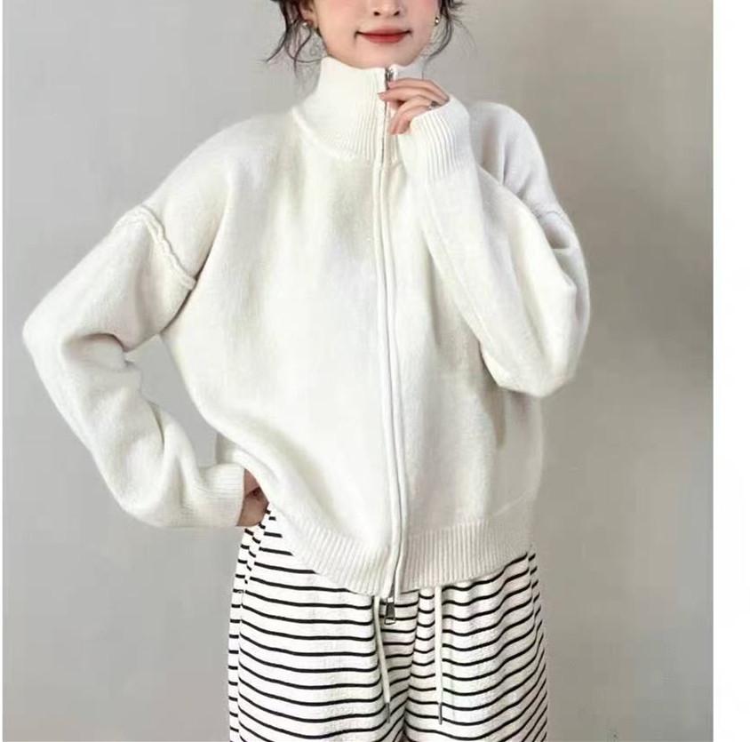 Foreign Trade New Double Zipper Reverse Set Design Sense Loose Simple Knitted Cardigan Solid Color Casual Sweater Jacket Women