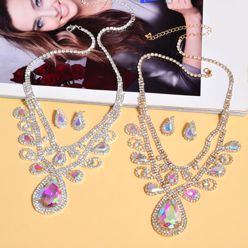Fashion High-Grade Colourful Teardrop Female Bridal Crystal Full Diamond Necklace Earrings Two-Piece Set Exquisite