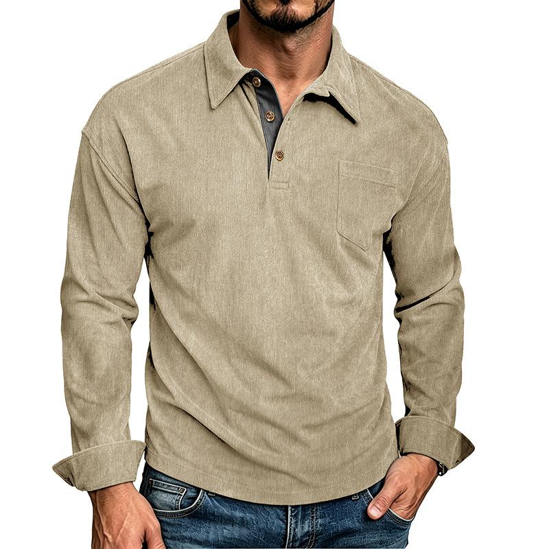 Mens Long Sleeve Corduroy Polo Shirt Casual Autumn Top