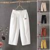 Women Summer Cropped Pants Mid-rise Elastic Waistband Wide Leg Casual Pants Solid Color Pockets Design Harem Trousers
