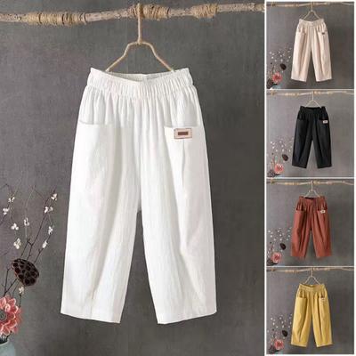 Women Summer Cropped Pants Mid-rise Elastic Waistband Wide Leg Casual Pants Solid Color Pockets Design Harem Trousers