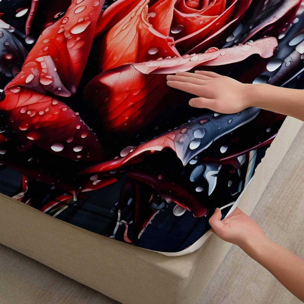 3D Fitted Sheets Set Red Flowers Blooming In the Rainy Night Pattern Cute Bedding Set Printed Customized For Girls Kids Decorate