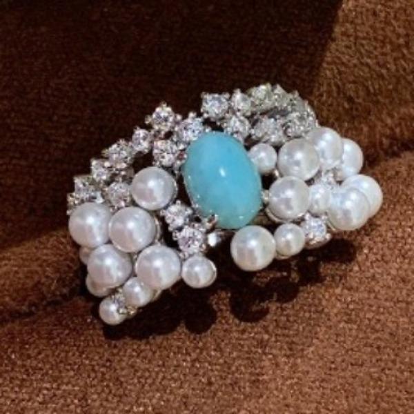 French Light Luxury Retro High Sense Diamond Turquoise Pearl Ring Romantic Court Style Gentle Temperament Ring