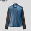 INCERUN Two-piece Men Long Sleeve Striped Mesh Sheer Crop Tops Bow Elastic Waist Pants Sets