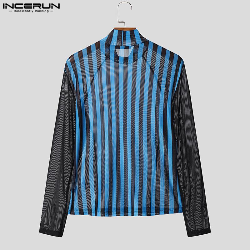 INCERUN Two-piece Men Long Sleeve Striped Mesh Sheer Crop Tops Bow Elastic Waist Pants Sets