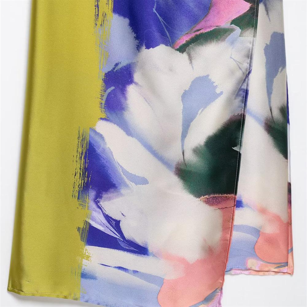 Spring/Summer 2025 Women's Asymmetrical Print Dress—Slim Fit, Round Neck, Versatile Design.