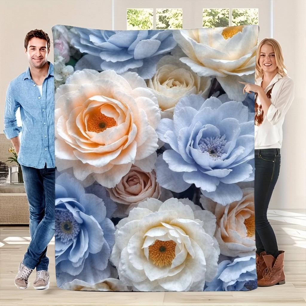 Pastel Blue & Peach Floral Soft Throw Blanket: Elegant Peony Pattern Cozy Couch Cover for Serene Home Decor