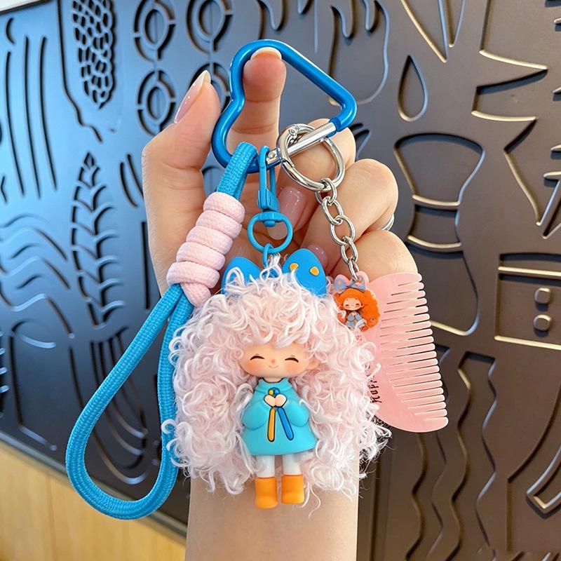 Portachiavi Bambola Ragazza Capelli Disordinati alla Moda, Ciondolo Borsa Figura Cartone Animato Carina, Portachiavi Piccolo Regalo Decorativo