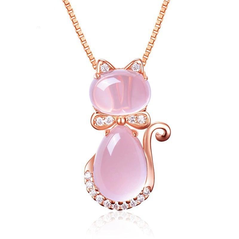 Koreanischer Stil Halskette Platinbeschichtet/Roségold Natürlicher Rosenquarz Kristall Katzenanhänger für Damen Schlüsselbein Kette